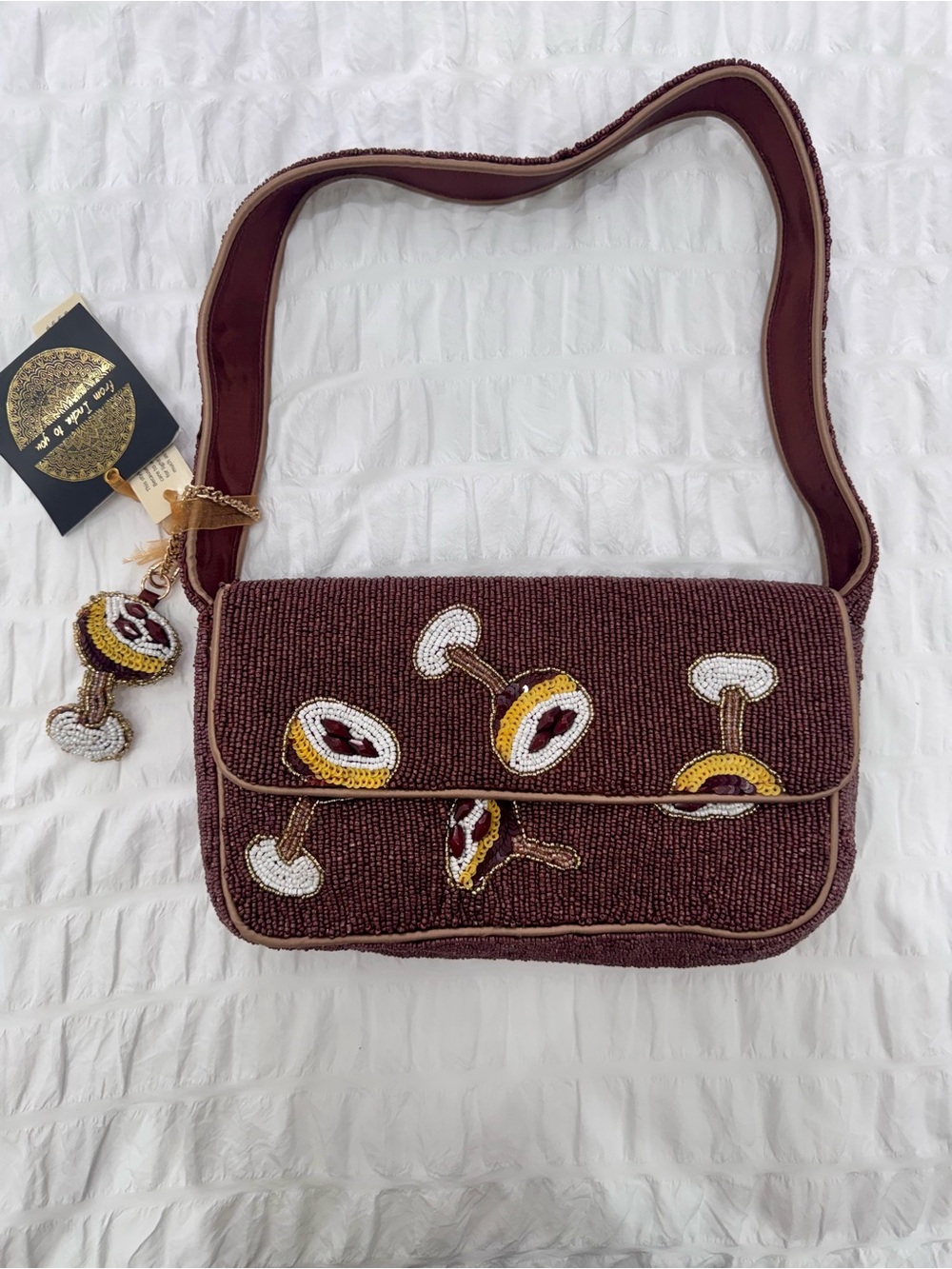 Beaded Brown Shoulder Bag with Decorative Espresso Martini Motif